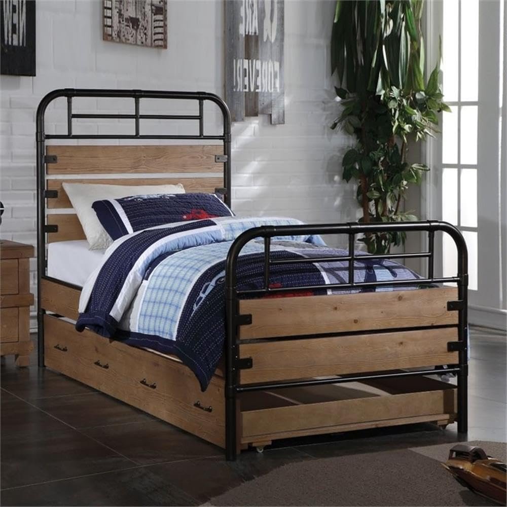 Acme Adams Wood Twin Slat Bed with Metal Frame in Antique Oak