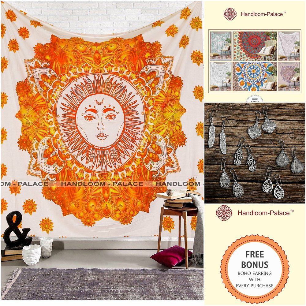 Indian Ethnic Mandala Wall Hanging Tapestry By Handloom-Palace , Bohemian Mandala Tapestries, Boho Decor Wall Hanging, Free Bonus Boho Earning