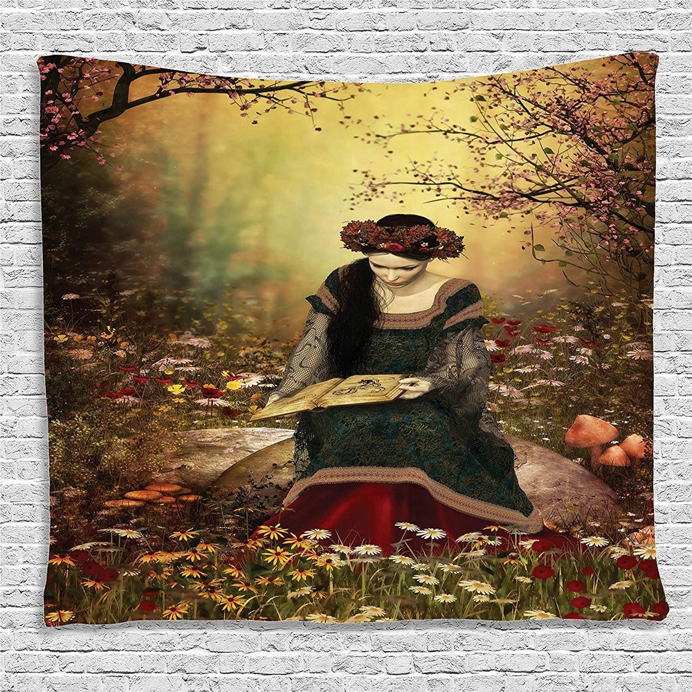 Ambesonne Medieval Tapestry, Lady Sitting on Stone and Reading Book Forest Flowers Grass Trees Theme, Wide Wall Hanging for Bedroom Living Room Dorm, 80" X 60", Mustard Olive Green