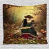 Ambesonne Medieval Tapestry, Lady Sitting on Stone and Reading Book Forest Flowers Grass Trees Theme, Wide Wall Hanging for Bedroom Living Room Dorm, 80" X 60", Mustard Olive Green view 1