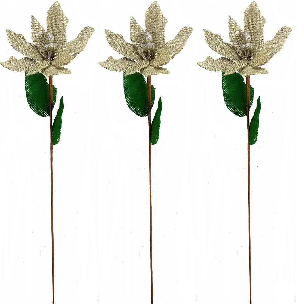 Admired By Nature Burlap Poinsettia Stems 3 Pack (Natural Cream Color) - for Christmas Home Decor, Weddings, Events, Parties