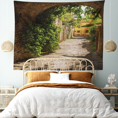 Ambesonne Medieval Tapestry, Streets of Tuscany Old Mediterranean Middle Age Town European High Culture Italy, Wide Wall Hanging for Bedroom Living Room Dorm, 80" X 60", Green Sand