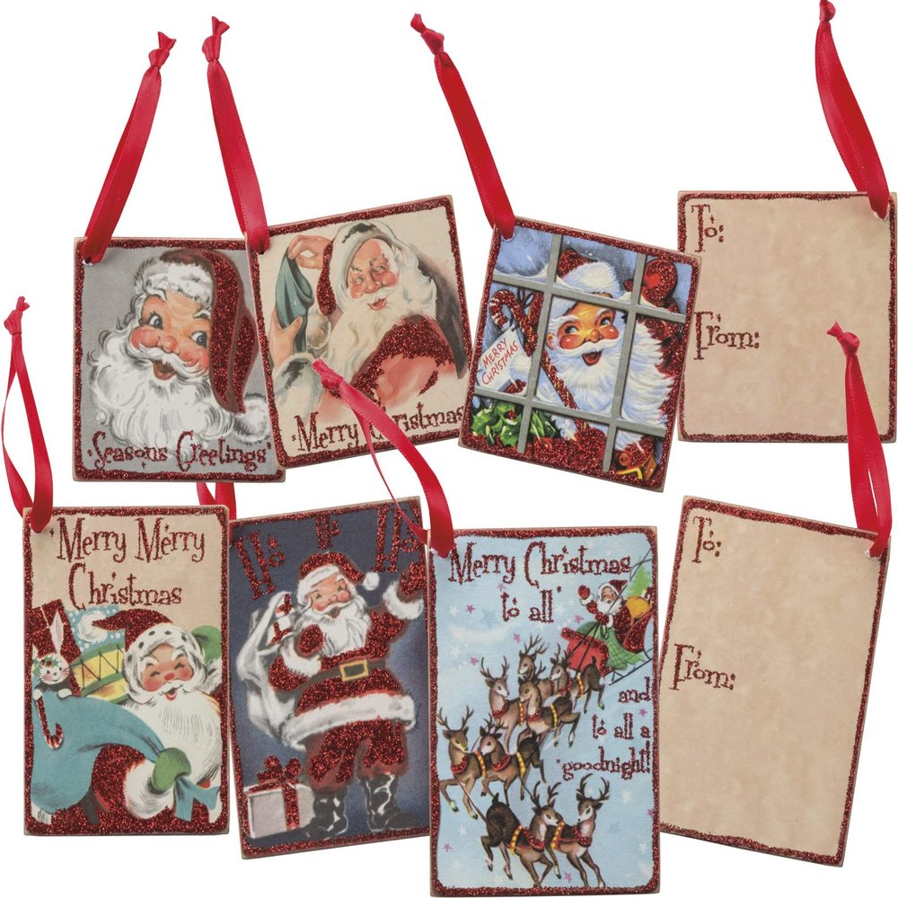 Primitives by Kathy Vintage Christmas Wood Gifts Tags, Set of 6, Retro Santa, 6 Piece
