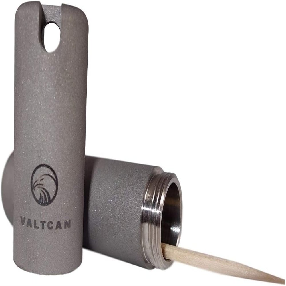 Valtcan Titanium Toothpick Holder & EDC Capsule Airtight Waterproof O-Ring Seal, Holds Toothpicks Matches Cash, 26g Keychain Canister, Grade 1 Ti, Dishwasher Safe, Gift Ready