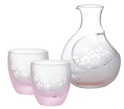 Otsuka Glass Cherry Blossom Dance Glass Carafe & Sake Cup Set 16-755-5 Carafe: 1.5 x H4.9 x M9.0 inches (38 x 125 x 94 mm), Round Sake Cup: 2.2 x H2.4 inches (57 x 61 mm)