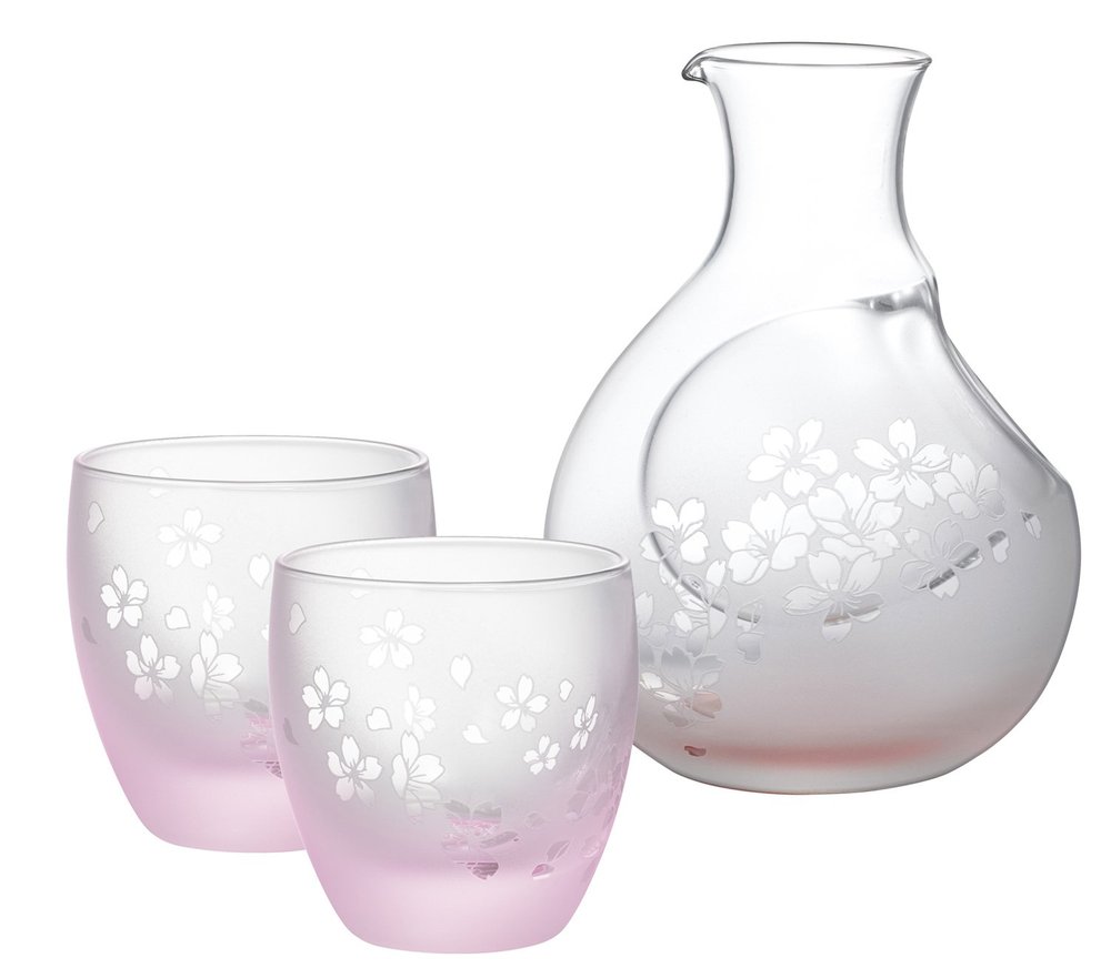 Otsuka Glass Cherry Blossom Dance Glass Carafe & Sake Cup Set 16-755-5 Carafe: 1.5 x H4.9 x M9.0 inches (38 x 125 x 94 mm), Round Sake Cup: 2.2 x H2.4 inches (57 x 61 mm)