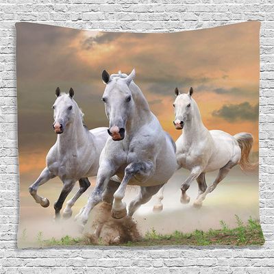 Ambesonne Horses Tapestry, Stallion Horses Running on a Mystic Sky Background Male Champions Print, Wide Wall Hanging for Bedroom Living Room Dorm, 80" X 60", White Orange