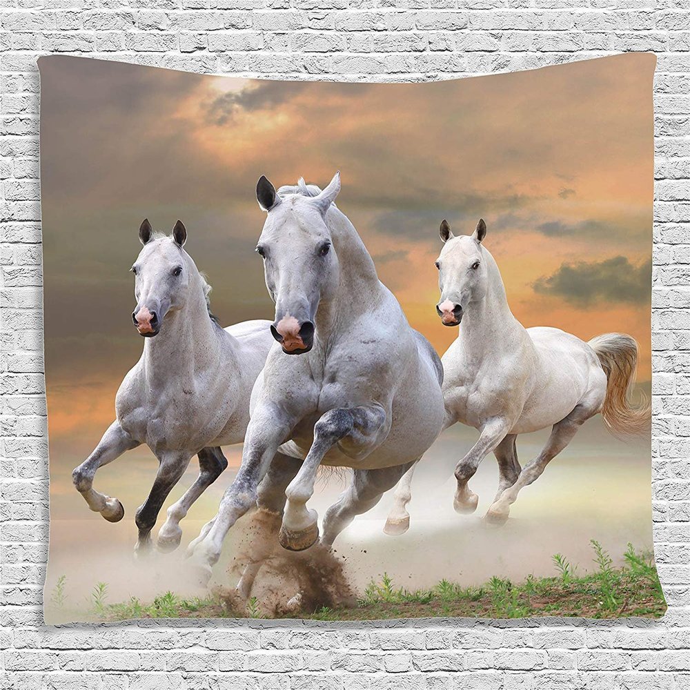 Ambesonne Horses Tapestry, Stallion Horses Running on a Mystic Sky Background Male Champions Print, Wide Wall Hanging for Bedroom Living Room Dorm, 80" X 60", White Orange