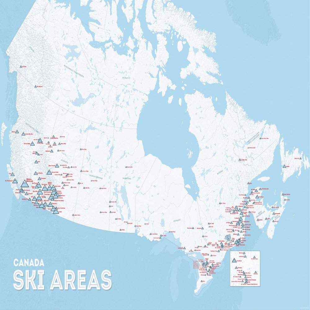 Canada Ski Resorts Map 24x36 Poster (White & Light Blue)