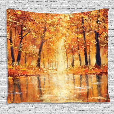 Ambesonne Country Tapestry, Painting of a Forest by the Small Lake in Autumn Pale Fall Trees and Leaves Art, Wide Wall Hanging for Bedroom Living Room Dorm, 80" X 60", Brown Orange