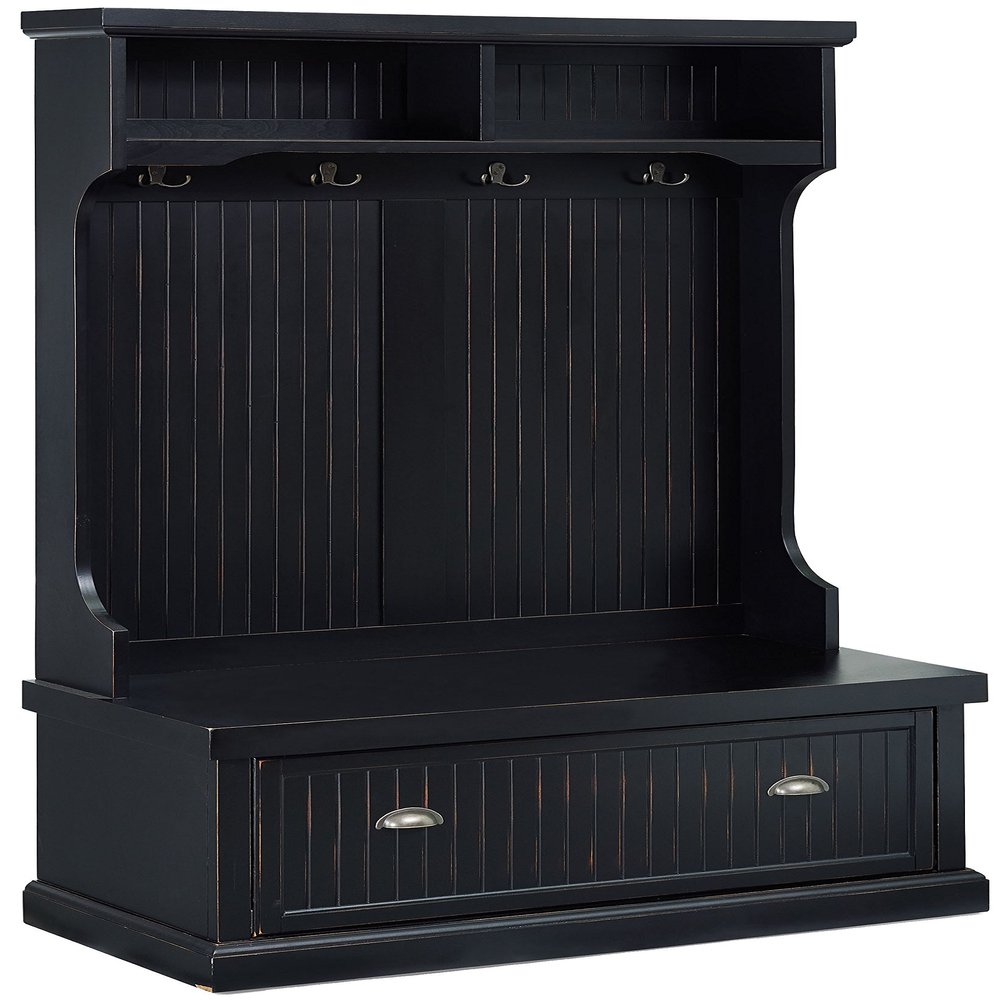 Crosley Furniture Seaside Hall Tree with Shoe Rack Bench and Coat Hooks for Hanging Storage, Distressed Black