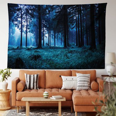 Ambesonne Forest Tapestry, Night Scene of Autumn Forest in Thuringia Germany Foggy Pine Trees Greenery, Wide Wall Hanging for Bedroom Living Room Dorm, 60" X 40", Black Green