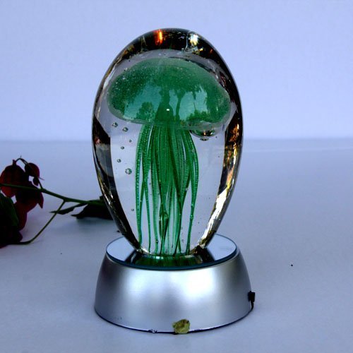 Hand blown glass - Jellyfish Paperweight , Glow in the Dark Glass with Multi-color Light Base ( (GREEN)
