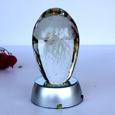Hand blown glass - Jellyfish Paperweight , Glow in the Dark Glass with Multi-color Light Base ( (WHITE)