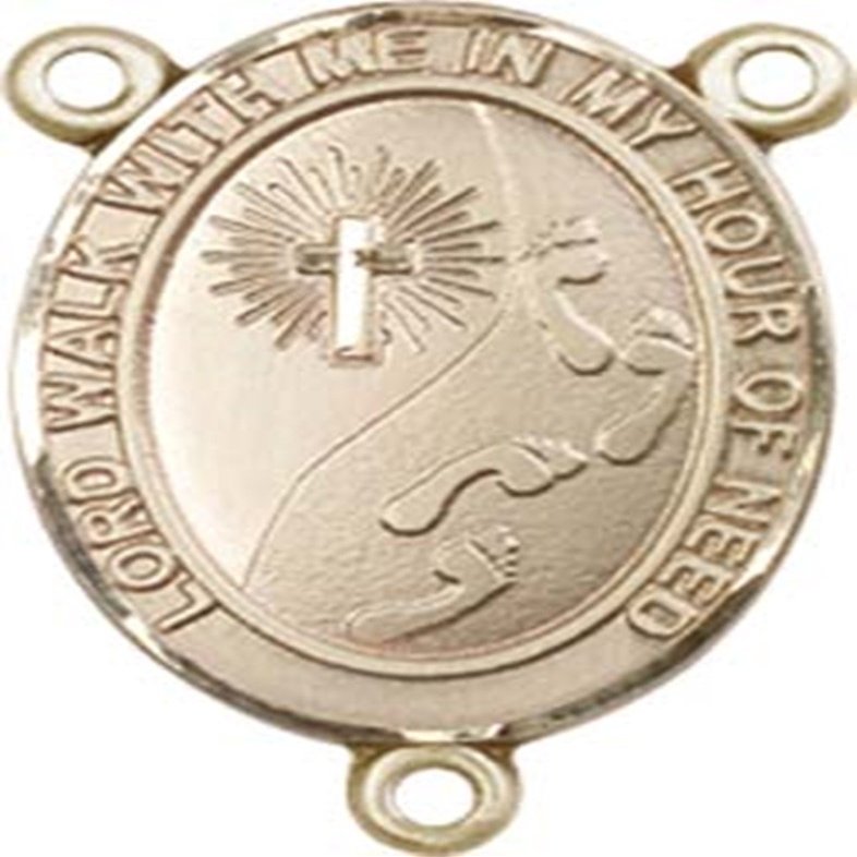 14K Gold Filled Footprints with Cross Rosary Centerpiece Medal, 3/4 Inch