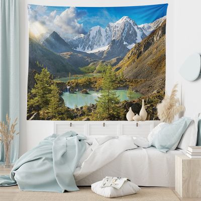 Ambesonne Landscape Tapestry, Altai Mountains Chuya Ridge Lake Russia Siberia Sunbeams Morning Sky View, Wide Wall Hanging for Bedroom Living Room Dorm, 60" X 40", Brown Blue White
