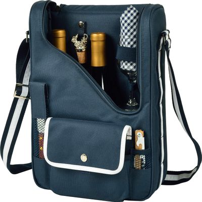 Picnic at Ascot - Wine Carrier Deluxe with Glass Wine Glasses and Accessories for Two, Navy/White