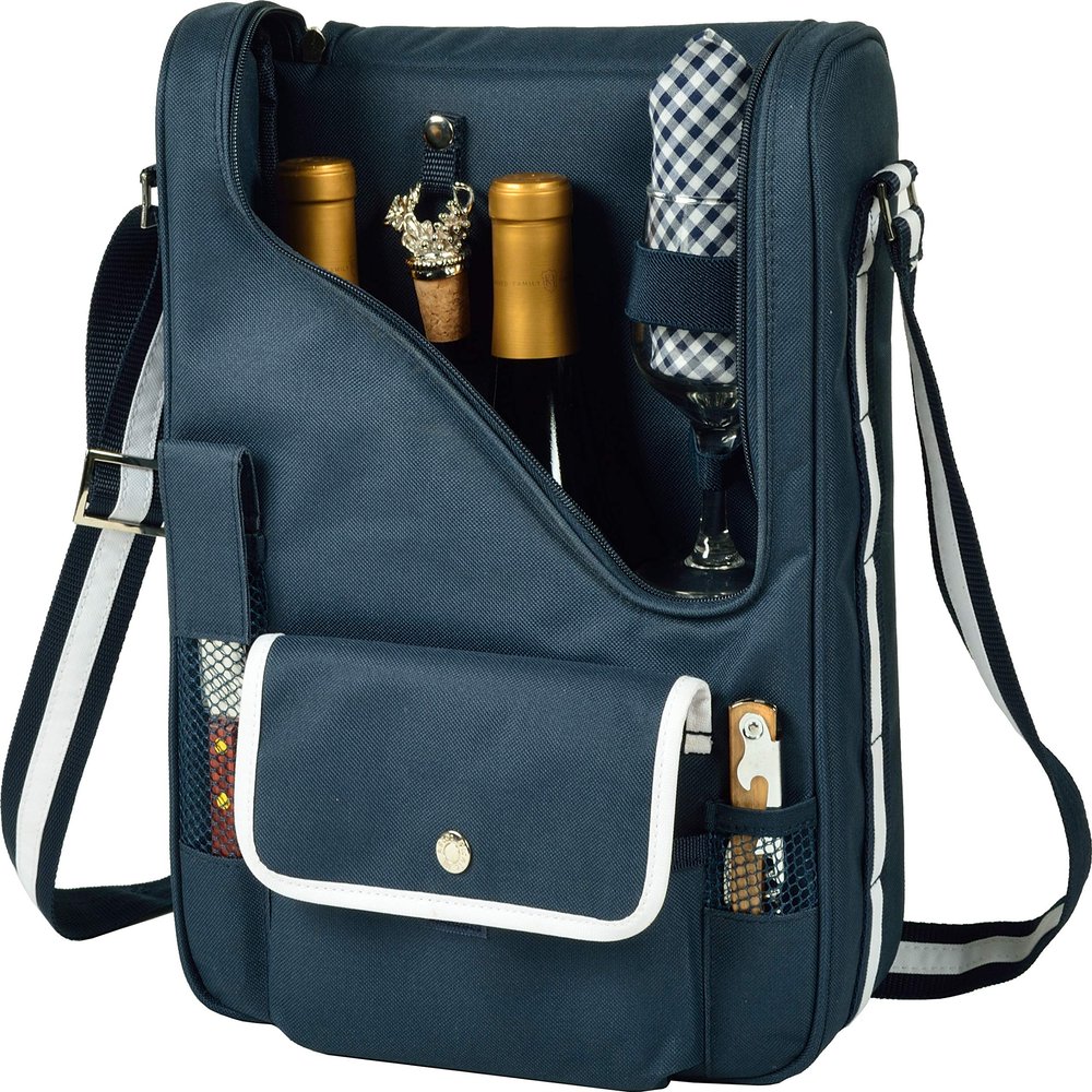 Picnic at Ascot - Wine Carrier Deluxe with Glass Wine Glasses and Accessories for Two, Navy/White