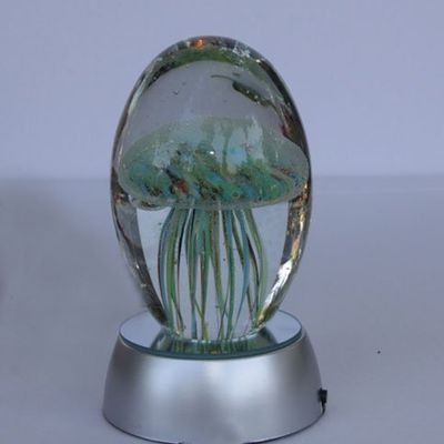 JKK SALE Hand Blown Glass - Jellyfish Paperweight, Glow in The Dark Glass with Multi-Color Light Base ((Turquoise & Yellow