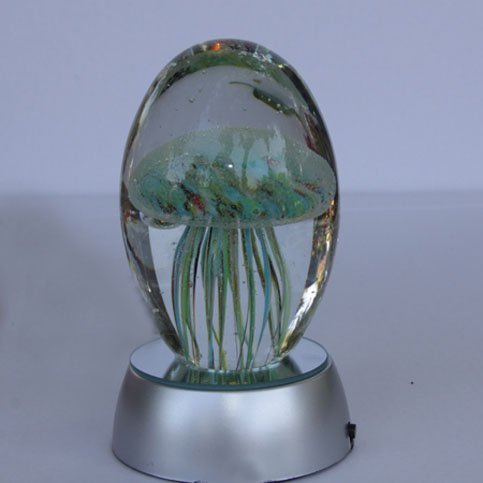 JKK SALE Hand Blown Glass - Jellyfish Paperweight, Glow in The Dark Glass with Multi-Color Light Base ((Turquoise & Yellow