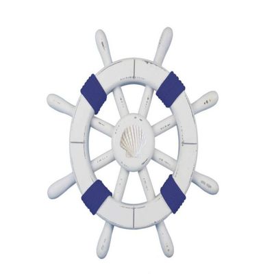 Hampton Nautical SW-12-101-shell Rustic White Decorative Dark Blue Rope and Shell 12"-Wooden Ships Wheel
