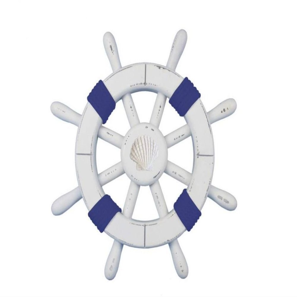 Hampton Nautical SW-12-101-shell Rustic White Decorative Dark Blue Rope and Shell 12"-Wooden Ships Wheel
