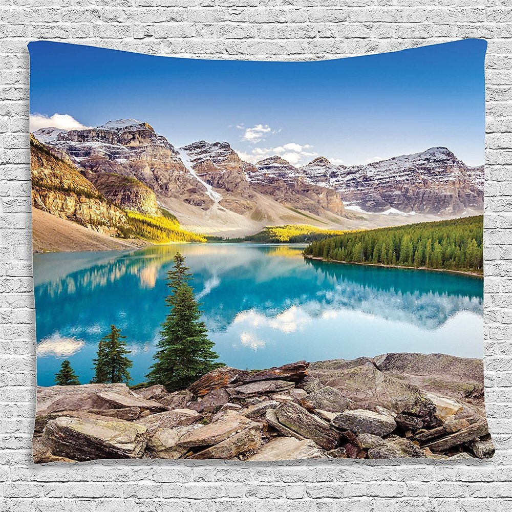 Ambesonne Landscape Tapestry, Still Calm Lake and Mountain Landscape with Rock and Sky Dream Life Print, Wide Wall Hanging for Bedroom Living Room Dorm, 80" X 60", Blue Green Grey