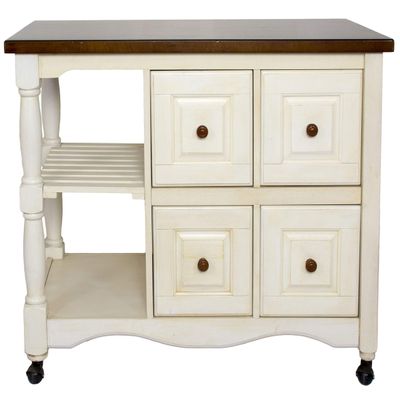 Sunset Trading Andrews 4 Drawer Kitchen Cart, Antique White/Chestnut