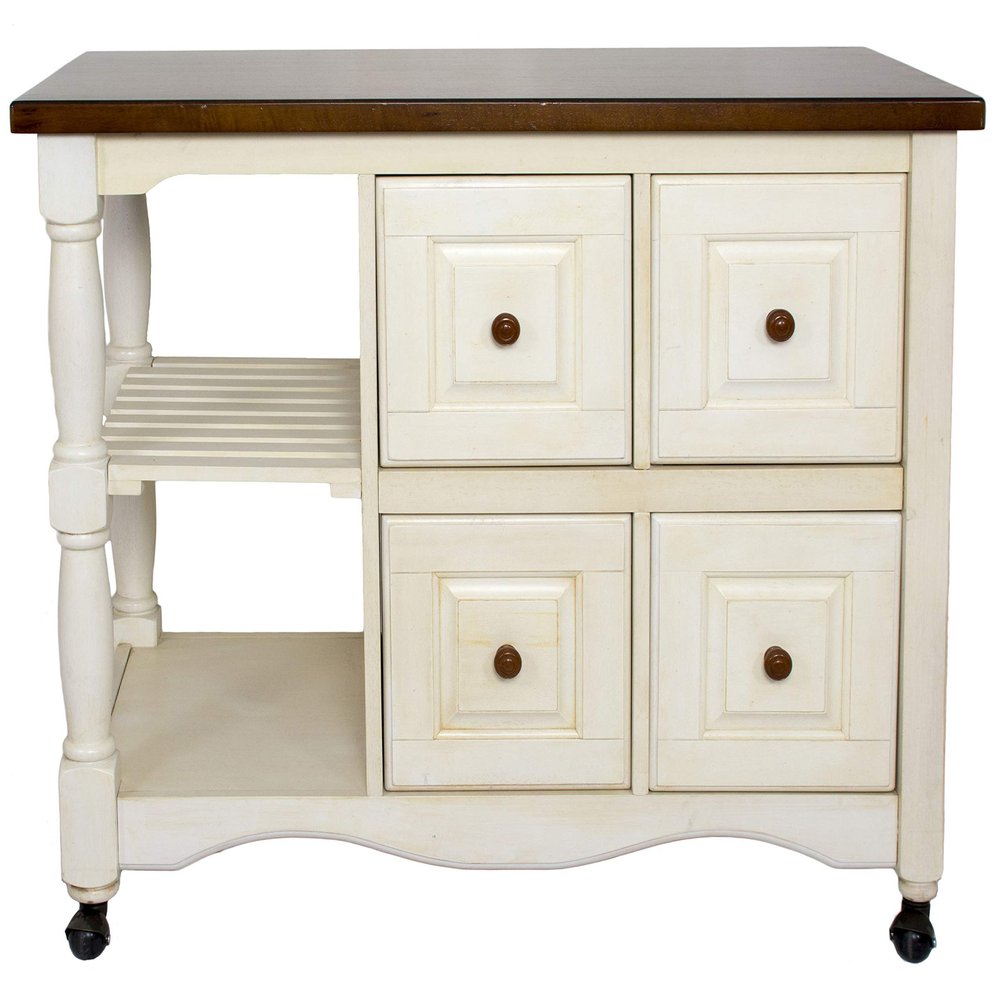 Sunset Trading Andrews 4 Drawer Kitchen Cart, Antique White/Chestnut