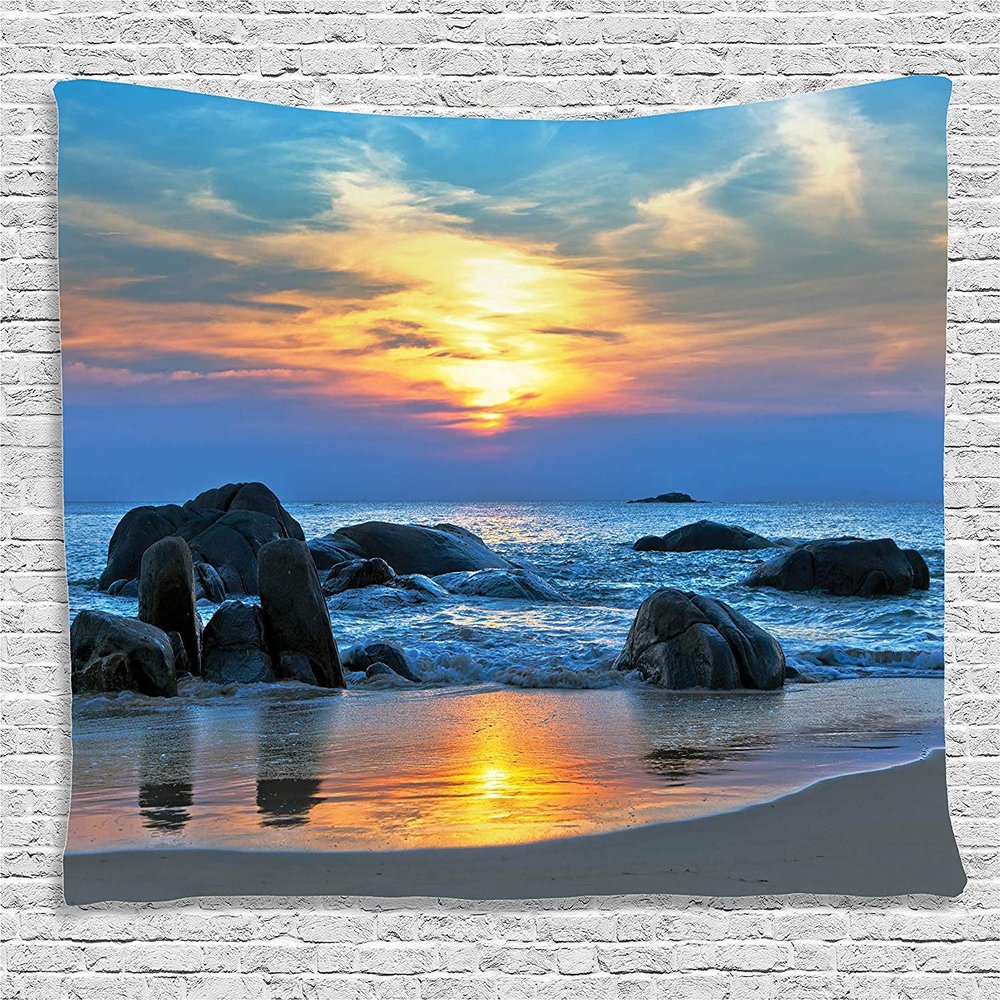 Ambesonne Beach Tapestry, Sunset Scenery in Sandy Beach with Rocks and Waves Lonely Peace Morning Dream Earth, Wide Wall Hanging for Bedroom Living Room Dorm, 80" X 60", Yellow Blue