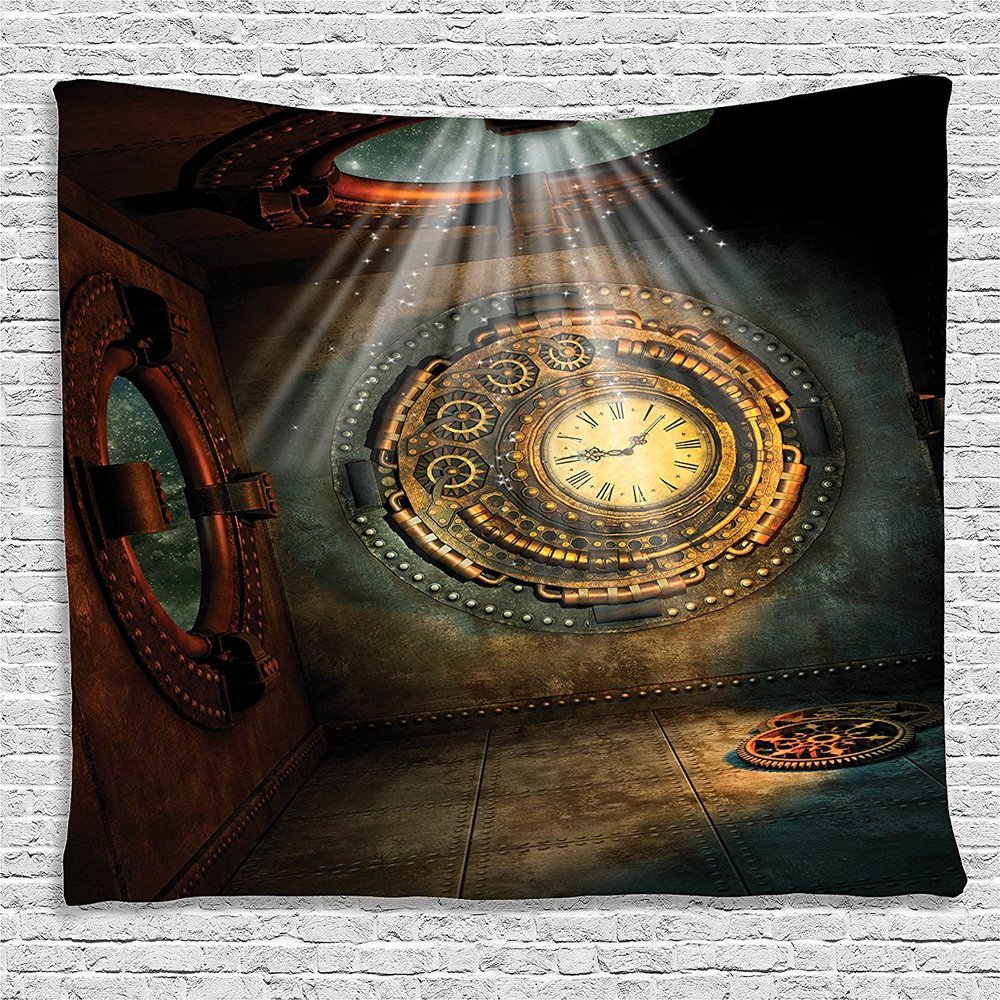 Ambesonne Fantasy Tapestry, Fantasy Scenery with Clock Dream Sky Rays from the Ceiling Fictional Art, Wide Wall Hanging for Bedroom Living Room Dorm, 80" X 60", Teal Brown