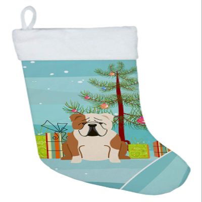 Caroline's Treasures BB4250CS Merry Christmas Tree English Bulldog Fawn White Christmas Stocking Fireplace Hanging Stockings Christmas Season Party Decor Family Holiday Decorations