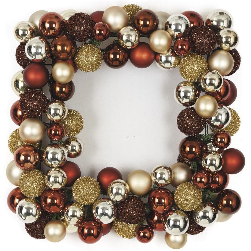 SilksAreForever 24" Artificial Mixed Plastic Ball Square-Shaped Wreath -Gold/Brown