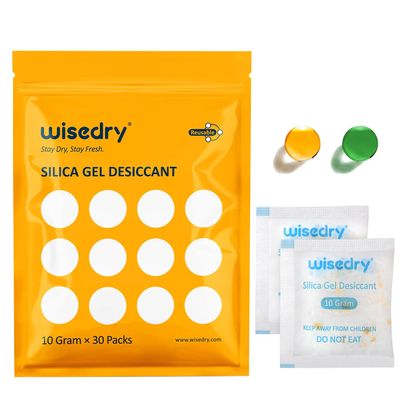 wisedry 10 Gram [30 Packs] Silica Gel Desiccant Packets Reusable for Moisture with Color Indicating Rechargeable Small Dessicant Packs Food Grade