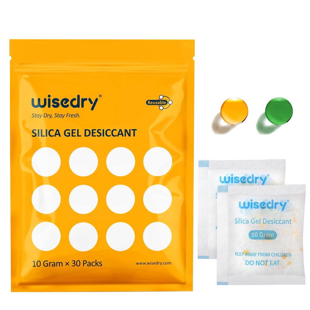 wisedry 10 Gram [30 Packs] Silica Gel Desiccant Packets Reusable for Moisture with Color Indicating Rechargeable Small Dessicant Packs Food Grade