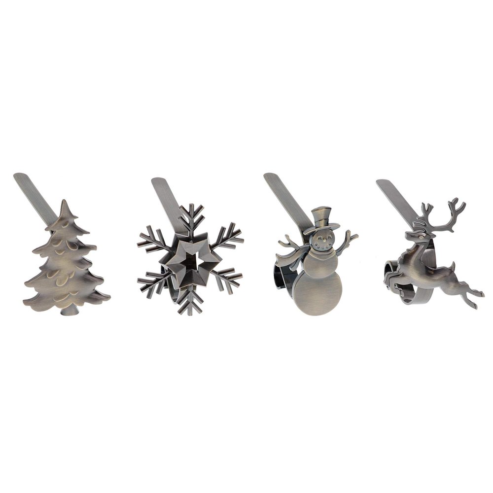 Haute Decor MantleClip Stocking Holders with Removable ZINC Alloy Holiday Icons (4-Pack Assorted Icons, Antique Brass)