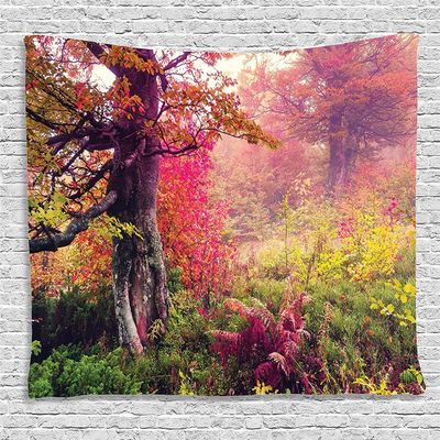 Ambesonne Forest Tapestry, Majestic Landscape Autumn Trees in Woodland Natural Garden in Ukraine, Wide Wall Hanging for Bedroom Living Room Dorm, 80" X 60", Red Green Brown