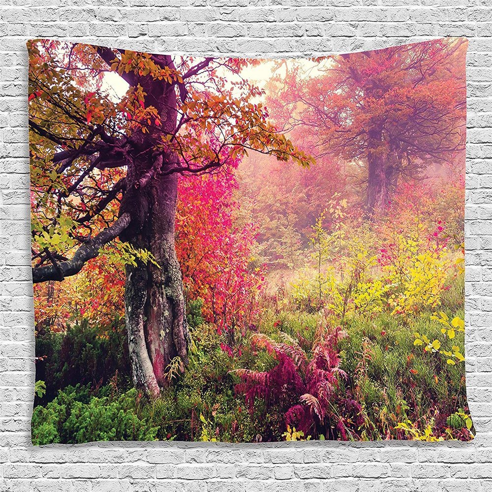 Ambesonne Forest Tapestry, Majestic Landscape Autumn Trees in Woodland Natural Garden in Ukraine, Wide Wall Hanging for Bedroom Living Room Dorm, 80" X 60", Red Green Brown