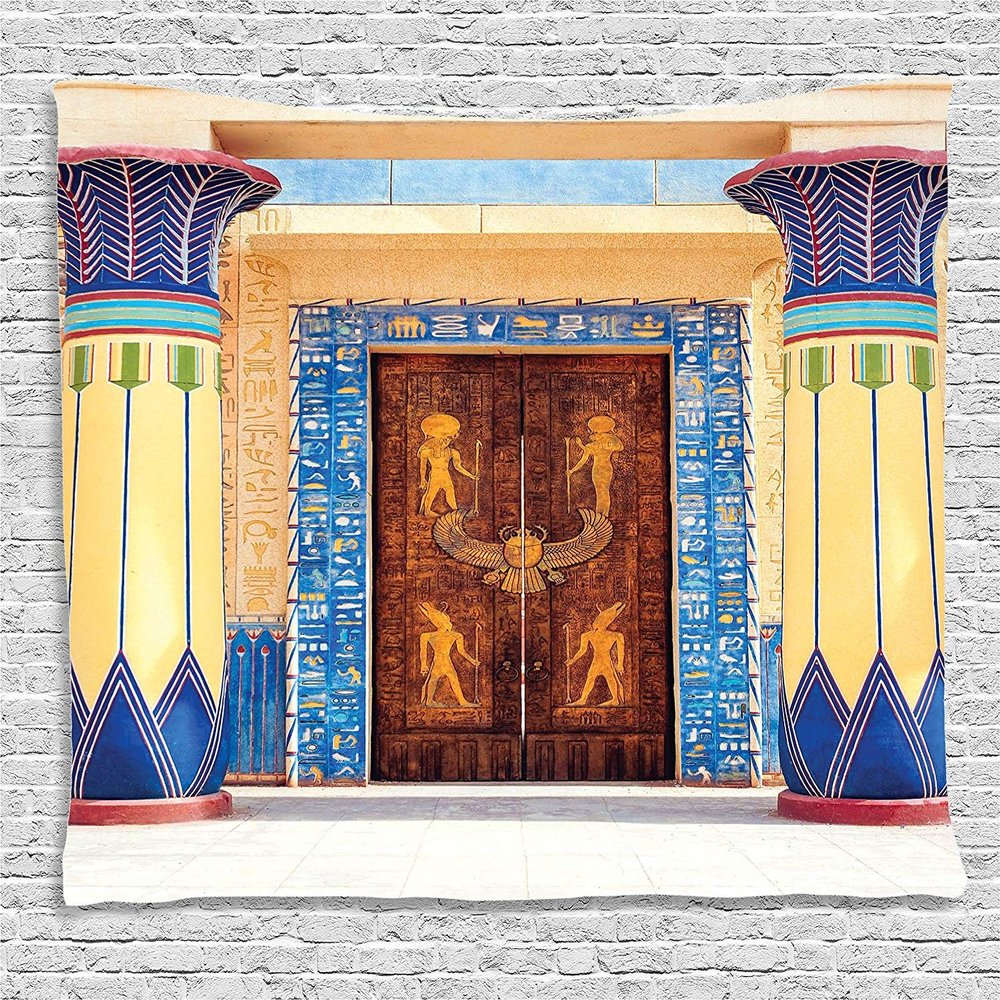 Ambesonne Egypt Tapestry, Old Building with Entry Door and Round Columns with Detailed Patterns, Wide Wall Hanging for Bedroom Living Room Dorm, 80" X 60", Chocolate Peach