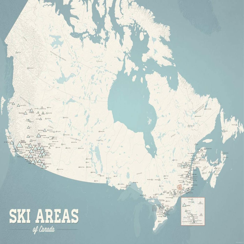 Canada Ski Resorts Map 24x36 Poster (Beige & Opal Blue)