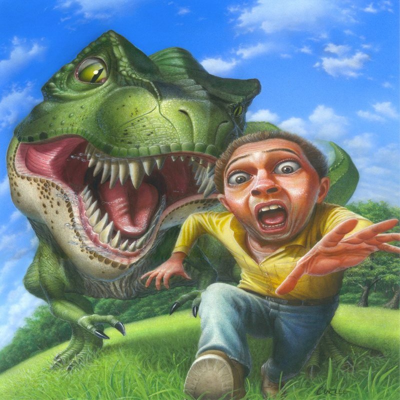 20"x14.5" Tyrannosaurus Rex Jurassic Park Dinosaur Chasing A Man - Extinct Predator Art Poster - T Rex Paleoart Scene Giclee Matte Print - by Walt Curlee