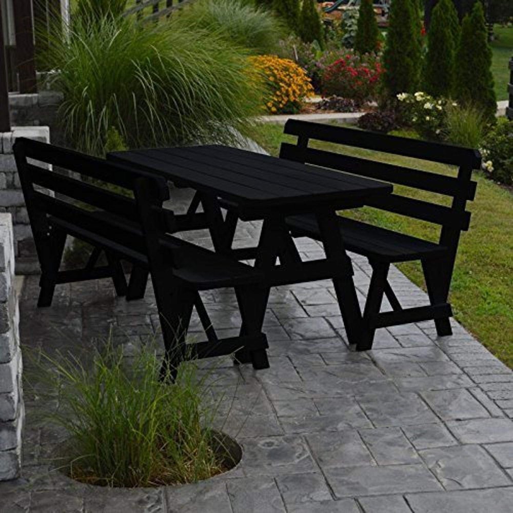 A & L Furniture Yellow Pine Traditional Picnic Table with 2 Backed Benches (No Hole), 4', Natural Stain