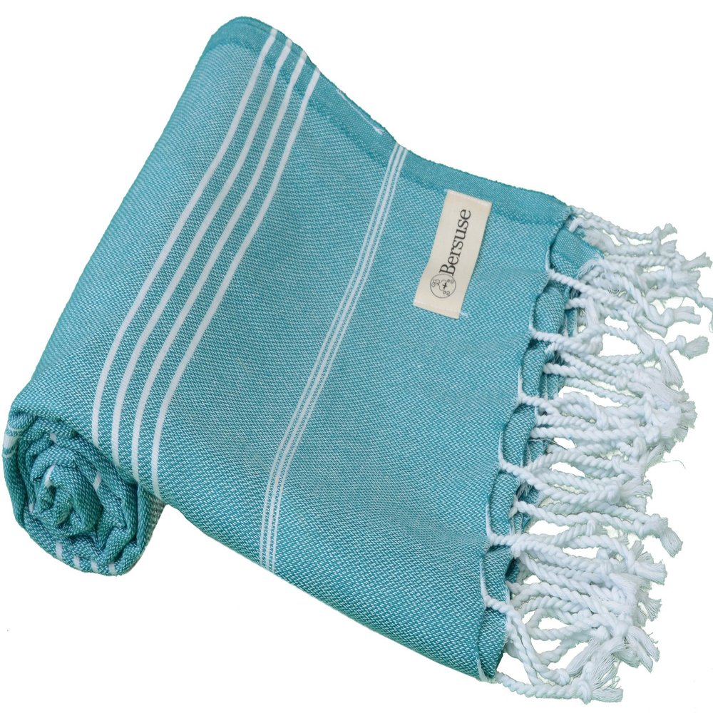 Bersuse Beach Towels Peshtemal Turkish Towels Anatolia Collection Premium Turkish Beach Towel, 100% Cotton, Large, Quick-Dry, Sand-Free, Lightweight - 37x70 Inches, Aqua (Set of 6)
