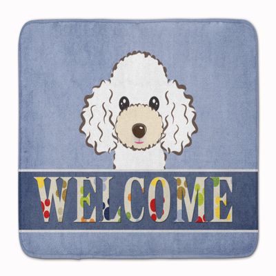 Caroline's Treasures BB1443RUG White Poodle Welcome Machine Washable Memory Foam Mat, Blue, Bathroom Rug, Non-Slip Bath Mat, Durable Thick Washable Rugs for Kitchen, Bathroom Quick Dry, Decorative Art
