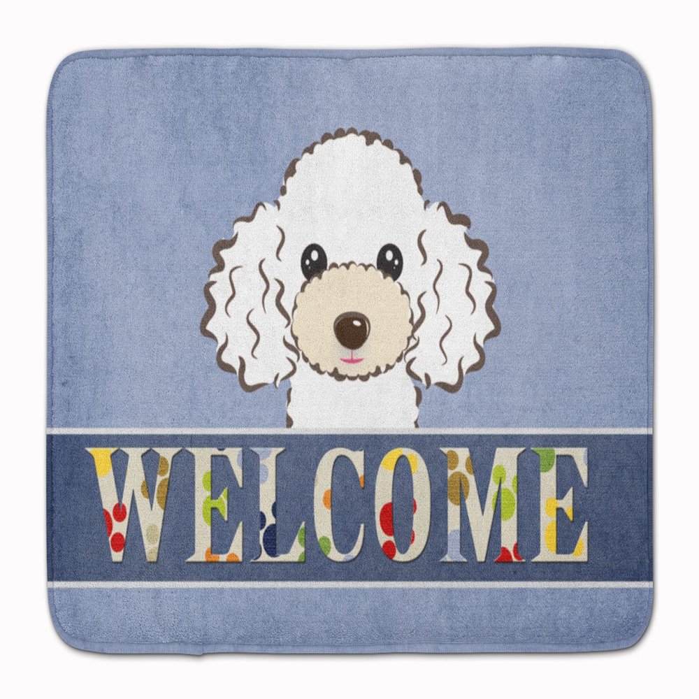Caroline's Treasures BB1443RUG White Poodle Welcome Machine Washable Memory Foam Mat, Blue, Bathroom Rug, Non-Slip Bath Mat, Durable Thick Washable Rugs for Kitchen, Bathroom Quick Dry, Decorative Art