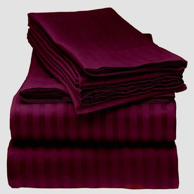 LaxLinen 100% Egyptian Cotton 4 PCs Bed Sheet Set (+24 Inch) Extra Deep Pocket Queen Bed Size, Wine Stripe 600 Thread Count