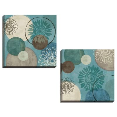 Gango Home Dcor Lovely Teal and Brown Abstract Circle Patterned Set by Daphne Brissonnet; Two 24x24in Hand-Stretched Canvases