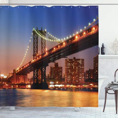 Ambesonne New York Shower Curtain, Manhattan Bridge with Cityscape Over River Brooklyn Popular Town Image, Cloth Fabric Bathroom Decor Set with Hooks, 69" W x 84" L, Blue Orange