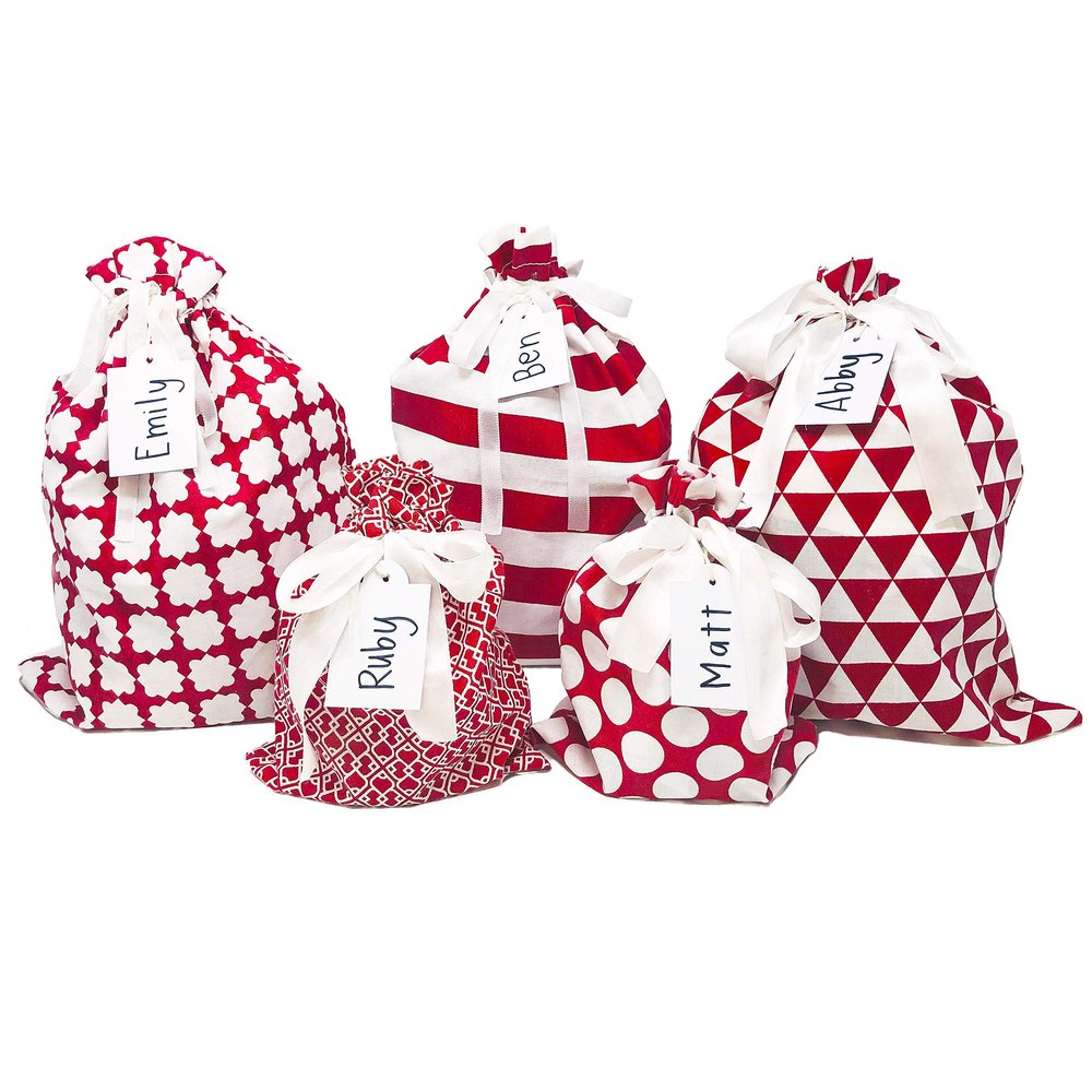Appleby Lane 100% Cotton Gift Bags (Standard Set, Red), Set of 5 bags: three 16"x12" and two 10"x8"