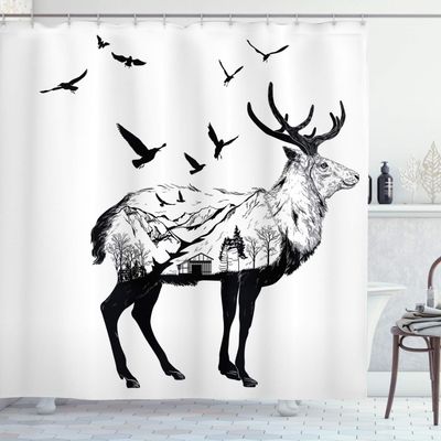 Ambesonne Animal Shower Curtain, Mountain and Cottage Scene in Hand Drawn Birds Countryside Wildlife Themed Print, Cloth Fabric Bathroom Decor Set with Hooks, 69" W x 70" L, White Charcoal Grey